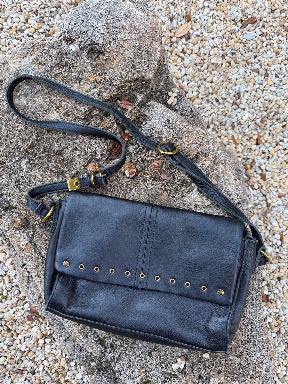 Black Leather Crossbody Bag with Brass Accents